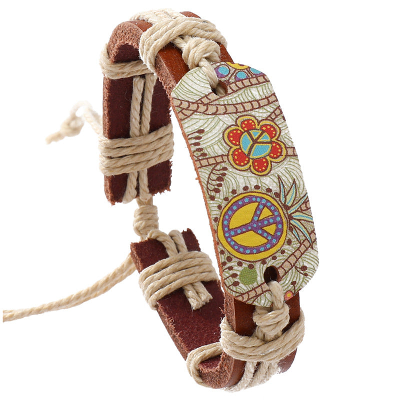 Wholesale Vintage Peace Sign Braided Leather Bracelet Unisex Handmade Fashion Accessory