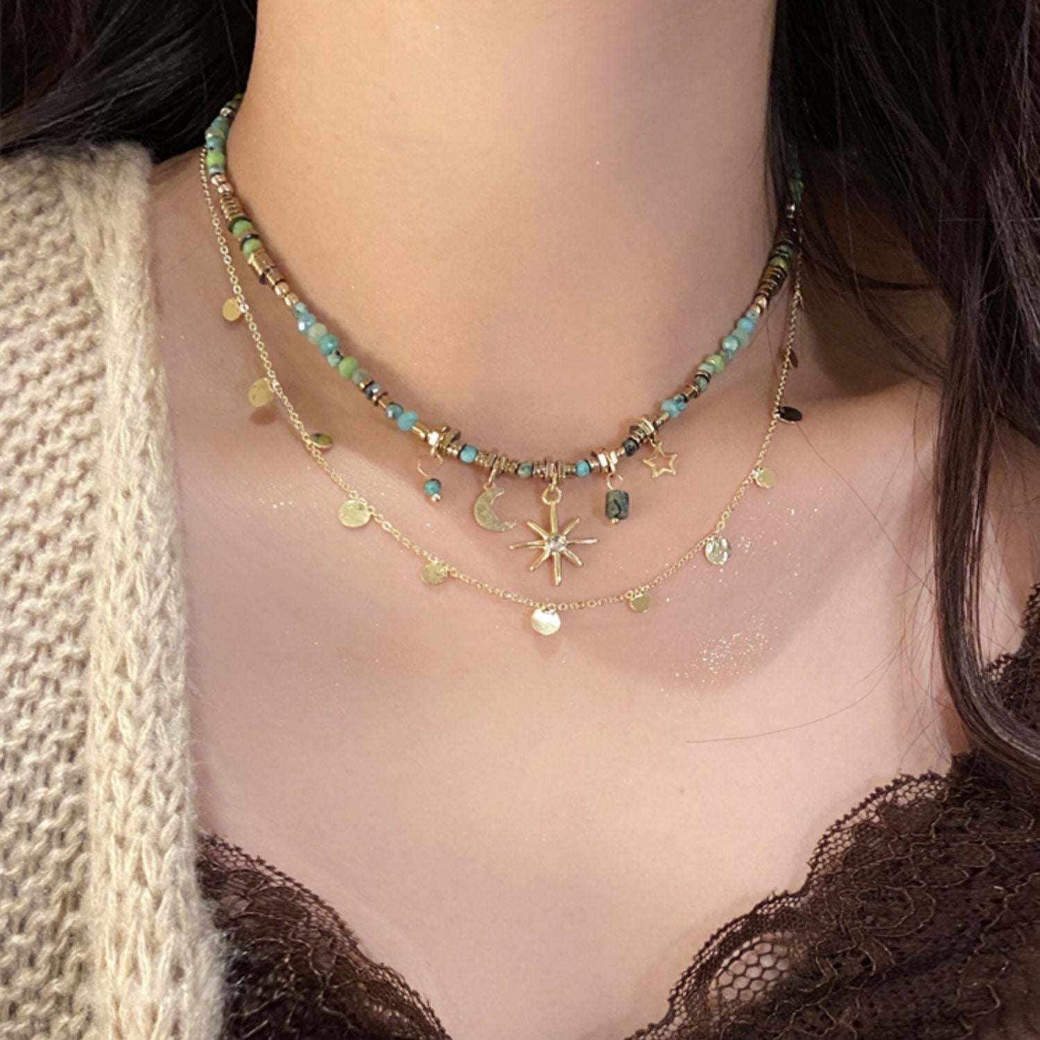Wholesale Bohemian Blue Beaded Stacked Choker Necklace