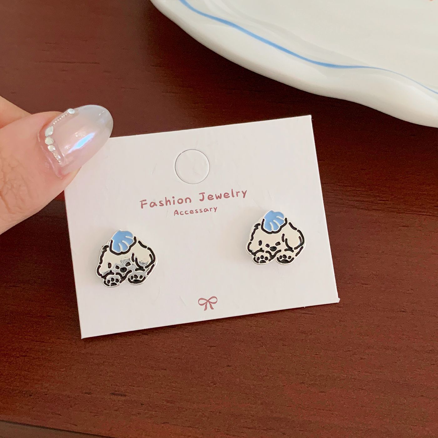 Wholesale Line graffiti blue dog earrings  silver needle cartoon cute small exquisite design earrings