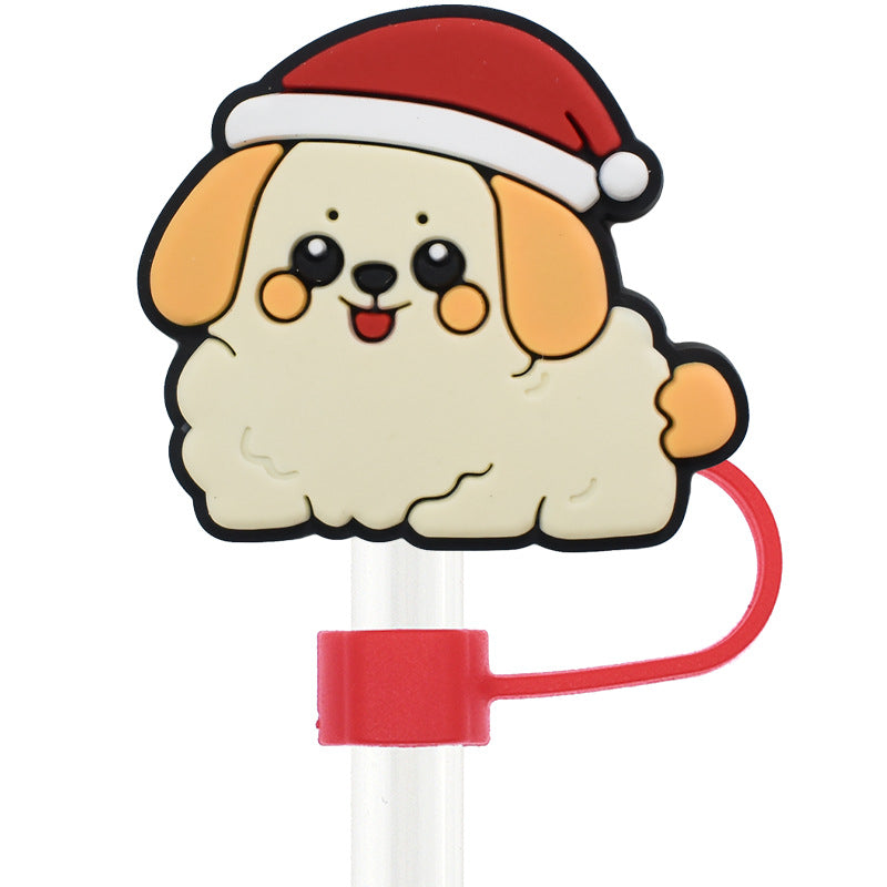 Wholesale Random 100pcs Christmas Cartoon Puppy 10mm PVC Soft Straw Tube Cap ACC-SCR-RYY094