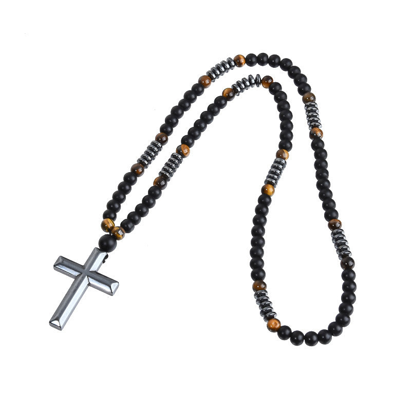 Wholesale Fashion Men's Black Obsidian Frosted Tiger Eye Stone Red Iron Mineral Ten Crosses Necklace