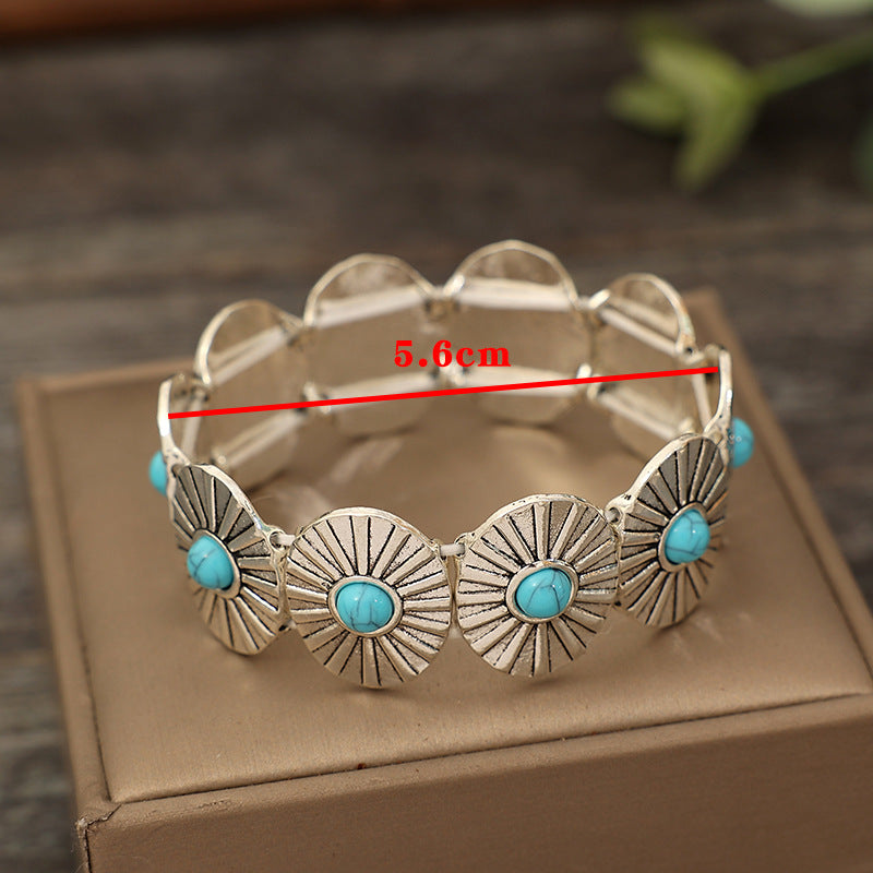 Wholesale Retro Turquoise Western Style Stretch Bracelet Silver Tone Alloy Jewelry Boutique Resale Gift