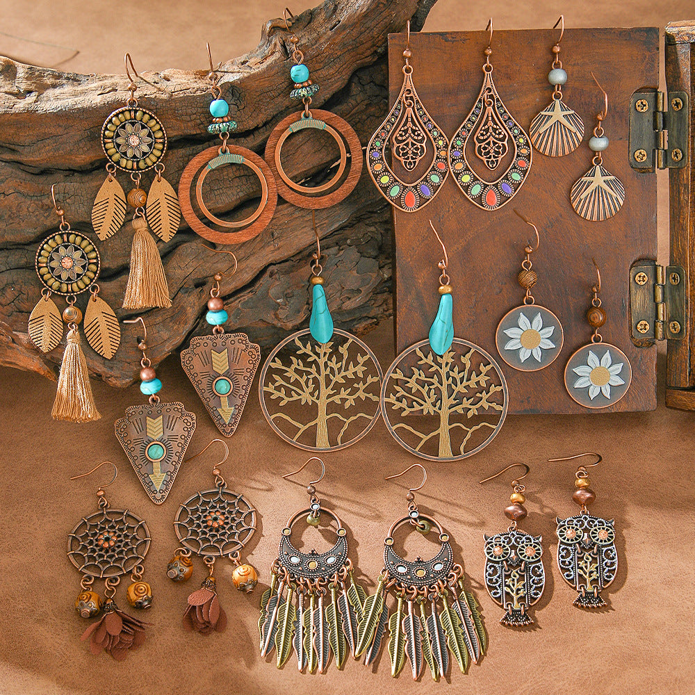 Wholesale Bohemian Hollow Tassel Earrings Zinc Alloy Stylish Boutique Jewelry Accessory