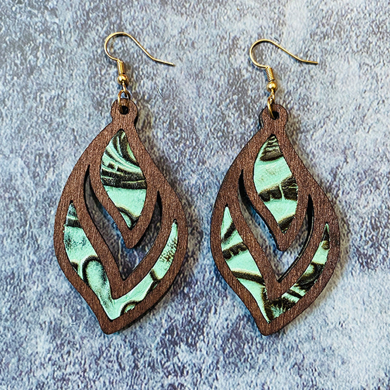 Wholesale retro Western cowhide embossed inlaid wooden earrings