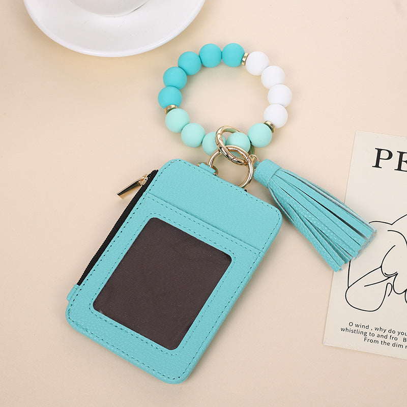 Wholesale Western Style Cow Pattern Sunflower Leopard Print Card Holder Silicone Beaded Wristlet Keychain ACC-KC-QiuXue006