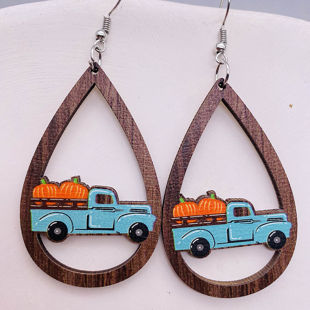 Wholesale Thanksgiving Halloween Pumpkin Turkey Car Water Drop Wood Earrings ACC-ES-ChenY043