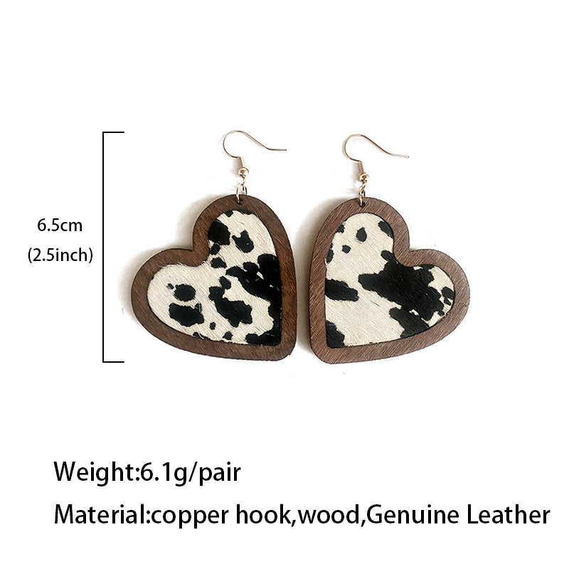 Wholesale  Leather  Love Leopard Horse Hair Inlaid Wooden Earrings