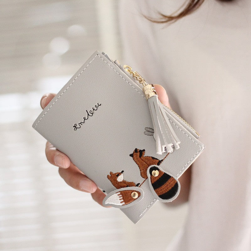 Wholesale Embroidery Thread Cute Cartoon Tassel Zipper Folding Wallet