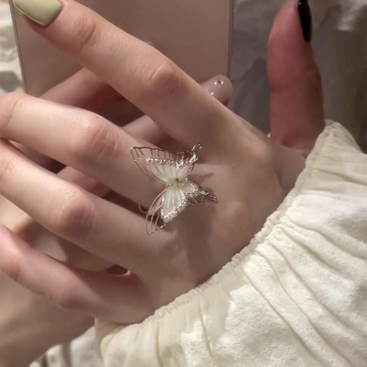 Wholesale pink gradient double hollow butterfly ring