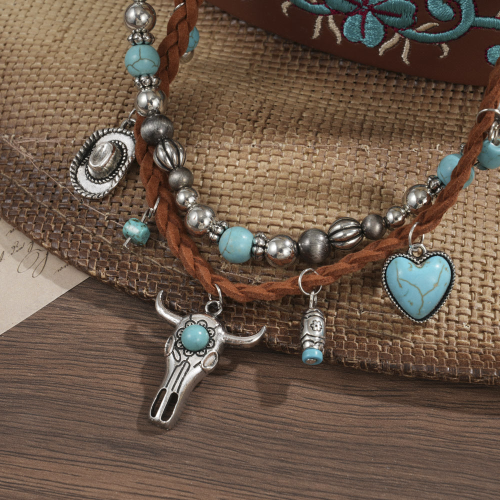 Wholesale  Buckle Velvet Turquoise Inlaid Double-Layer Necklace Western Cowboy Style Retro Bull Head Necklace
