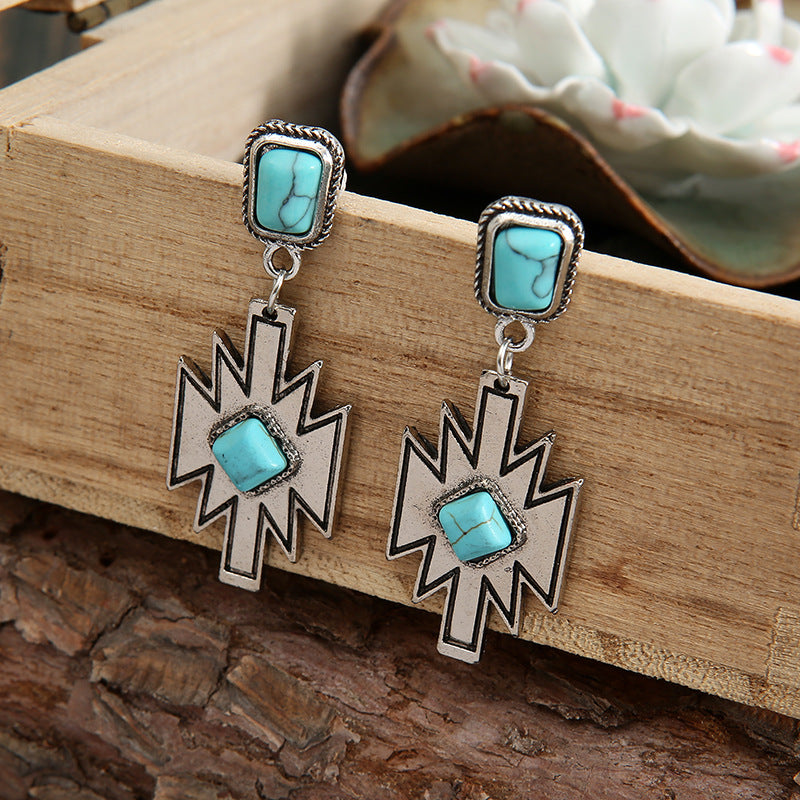 Wholesale retro ethnic style inlaid Diamond turquoise earrings