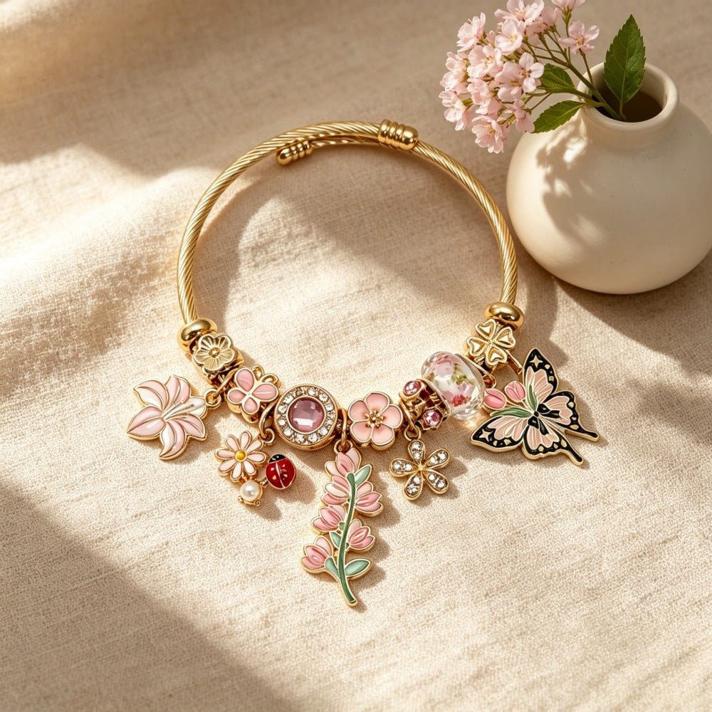 Wholesale Stainless Steel Electroplated Floral Butterfly Rhinestone Glass Bead Bracelet Trendy Women S Everyday Wear