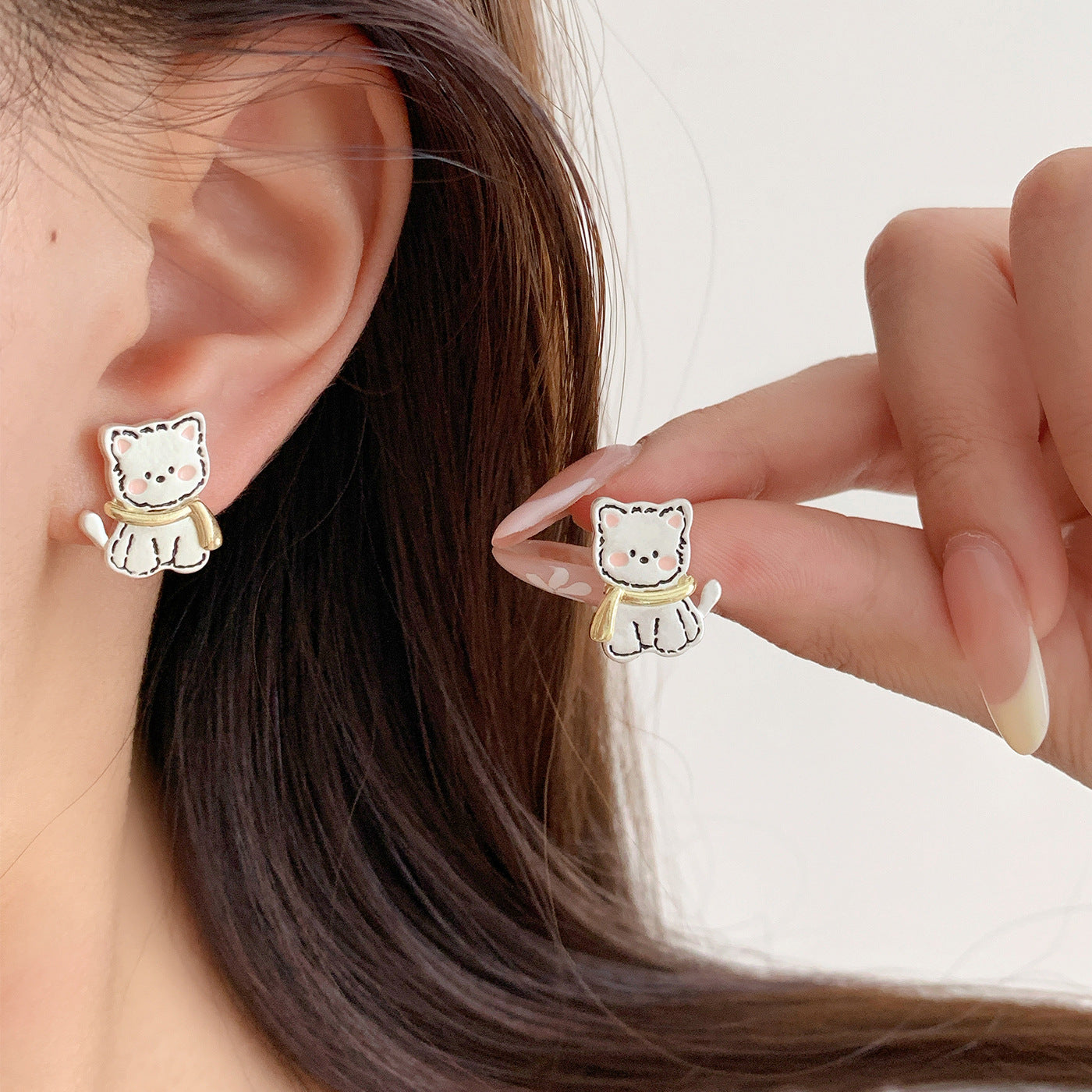 Wholesale Dripping Oil Apple Puppy Brushed Cat Earrings Silver Needle  Design Earrings