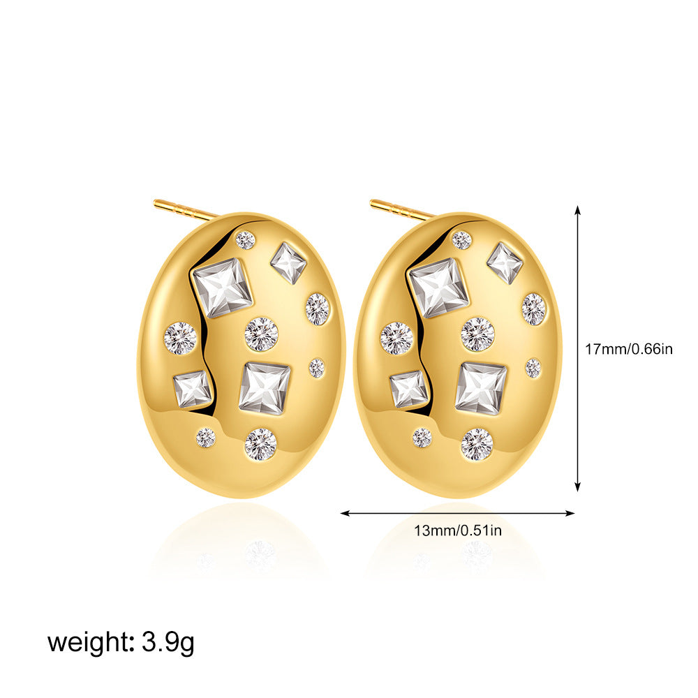 Wholesale  18K Gold Oval Bread Inlaid Square Zircon Earrings