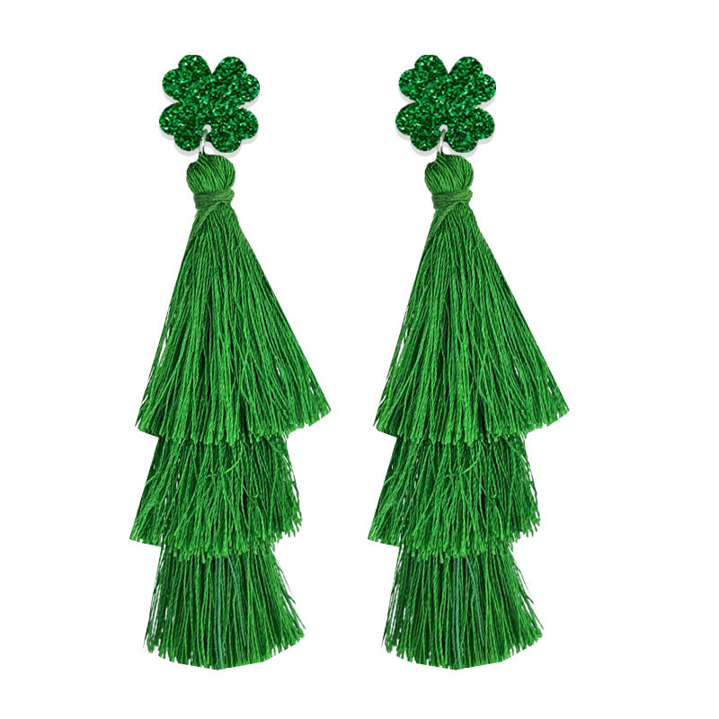 Wholesale 2 Pairs/pack St. Patrick Green Multi-layered Tassel Four-leaf Clover Earrings ACC-ES-HY211