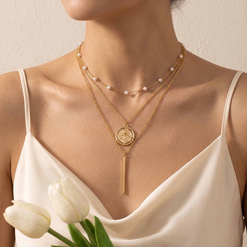 Wholesale Chic Geometric Three Layer Stacking Necklace Electroplated Alloy Collarbone Chain Trendy Everyday Fashion Accessory For Women