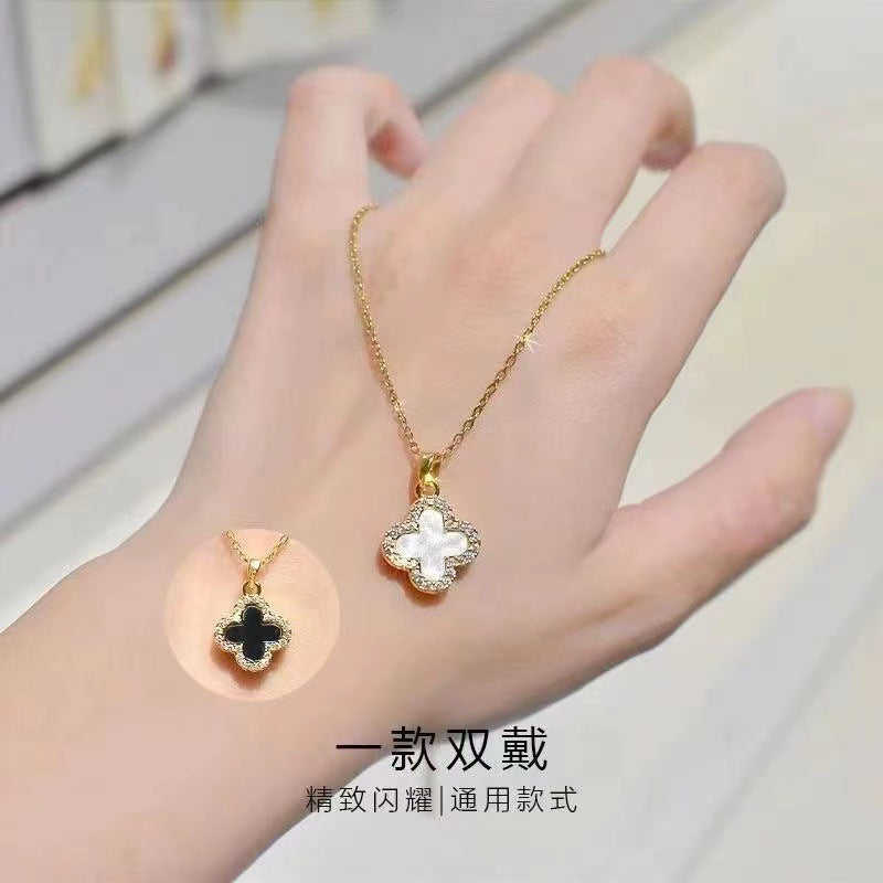 Wholesale Fully Rhinestone Four-leaf Clover Titanium Steel Double Sided Necklace