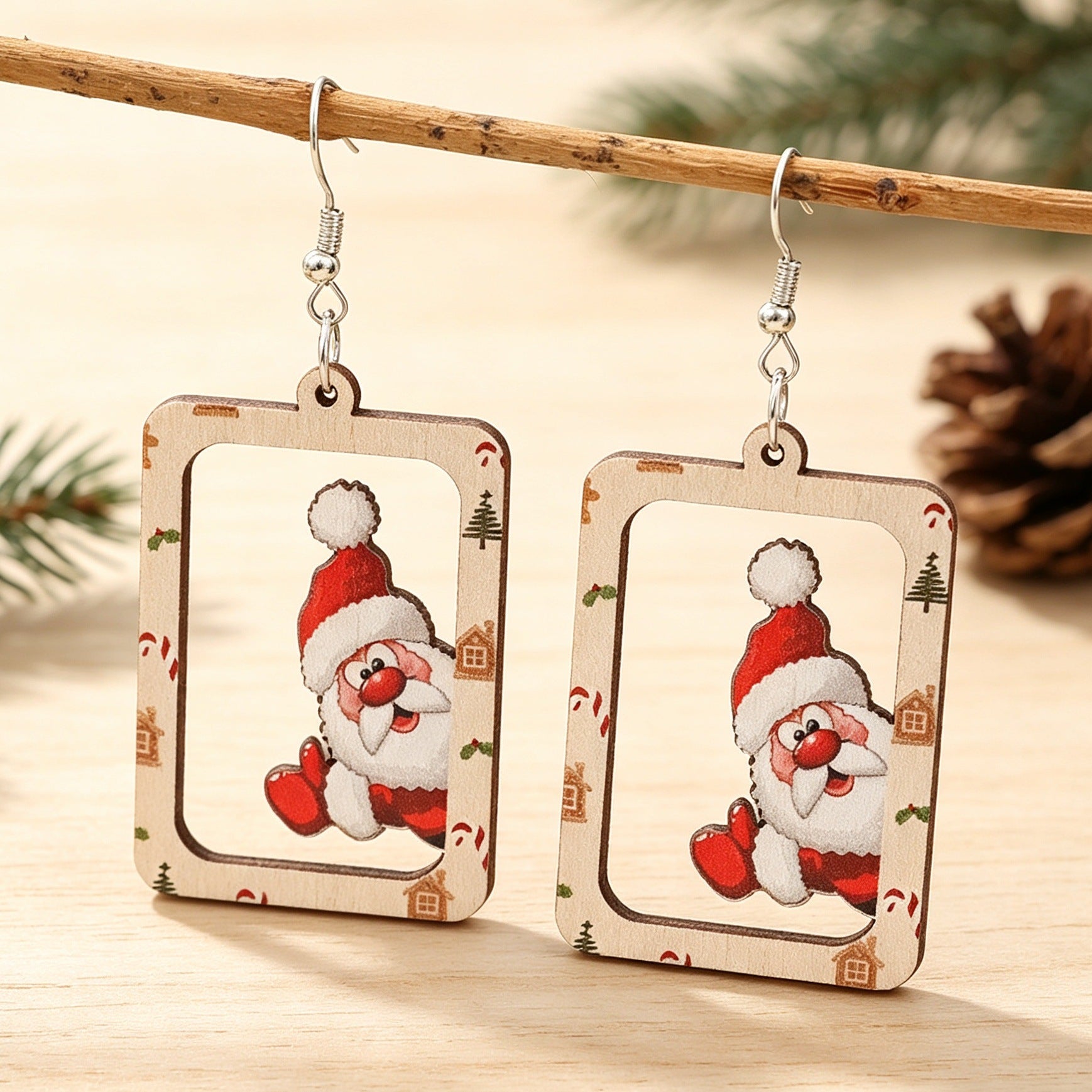 Wholesale Christmas Wooden Earrings Hollow Square Frame Santa Reindeer Print Party Jewelry Accessory
