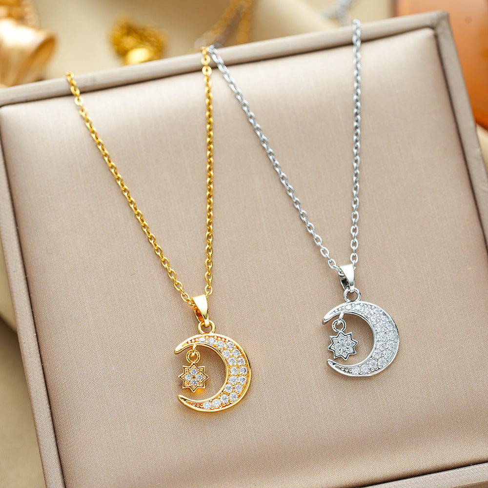 Wholesale  Light Luxury Titanium Steel Necklace Diamond Lucky Moon Star Pendant Micro-inlaid Zircon Necklaces