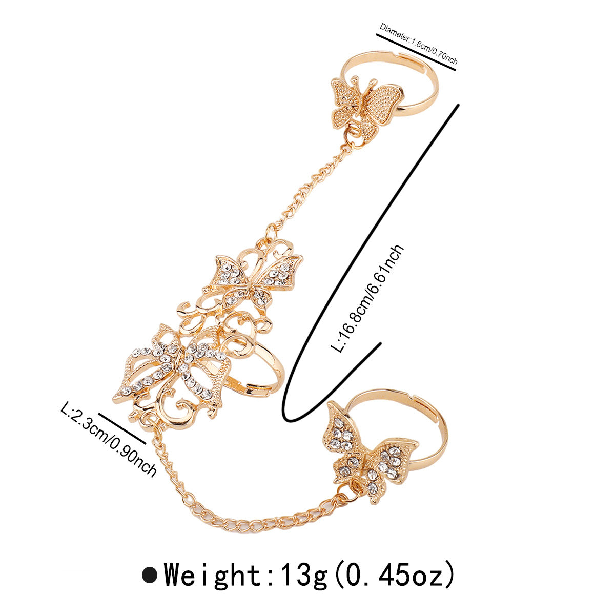 Wholesale personality exquisite butterfly hollow rhinestone conjoined ring opening adjustable