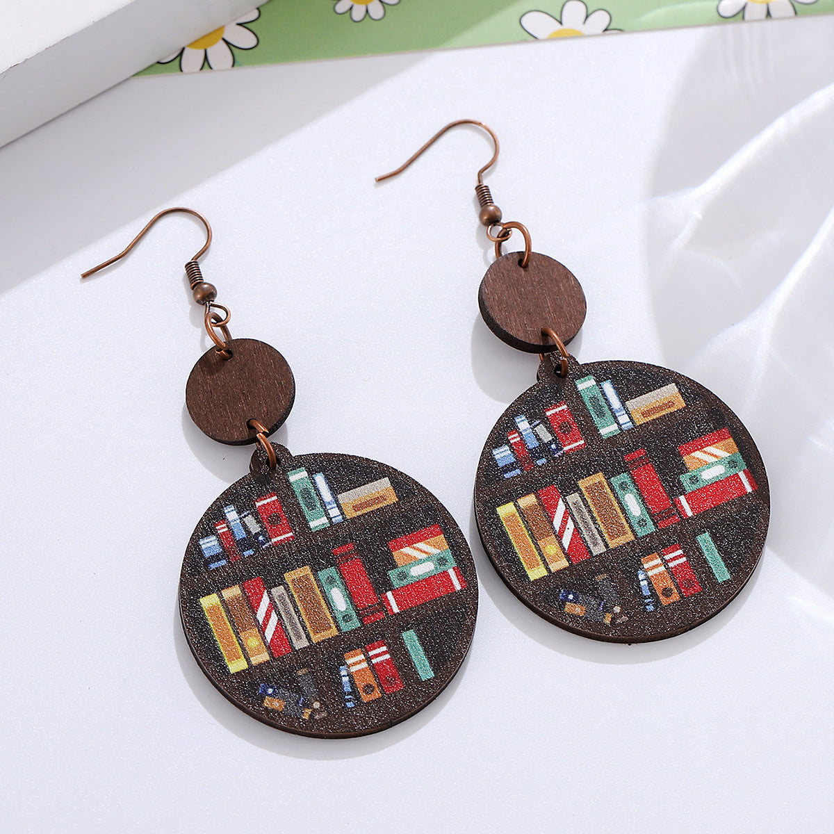 Wholesale Bookshelf round piece stitching pendant earrings