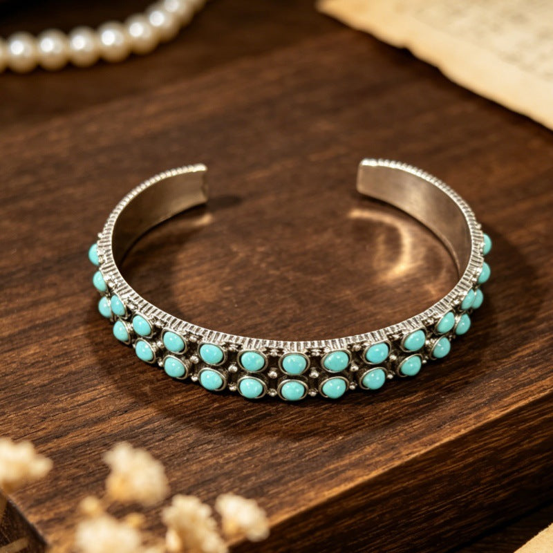 Wholesale Vintage Distressed Double Row Turquoise Open Cuff Bracelet,  Silver Alloy Bohemian Jewelry,  Trendy Gift for Resale
