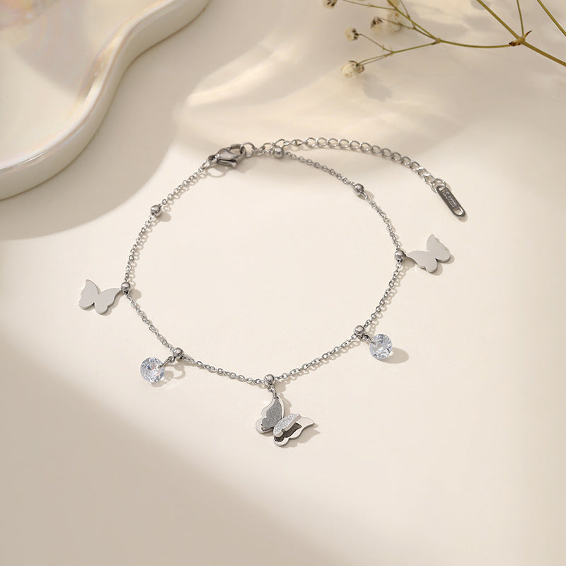 Wholesale Titanium Steel Korean Style Tassel Butterfly Zircon Bracelet Minimalist Fashion Accessory Gift for Women