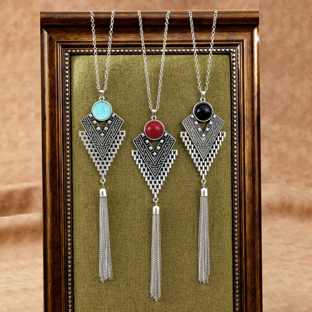 Wholesale European and American Foreign Trade Multi-Color Turquoise Fashionable Tassel Geometric Necklace Retro Ethnic Style Versatile Daily Accessories