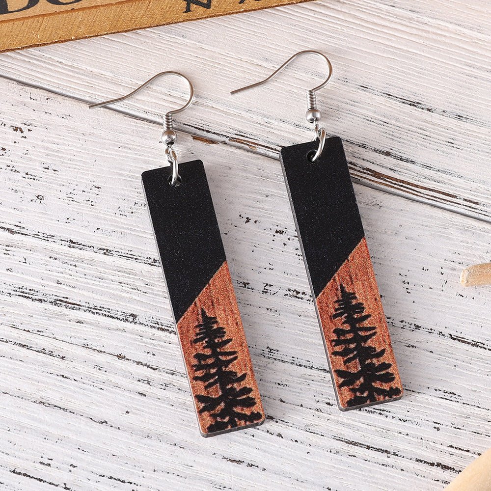 Wholesale Western Style Pine Star Moon Rectangular Geometric Pendant Wood Earrings ACC-ES-ChuLian082