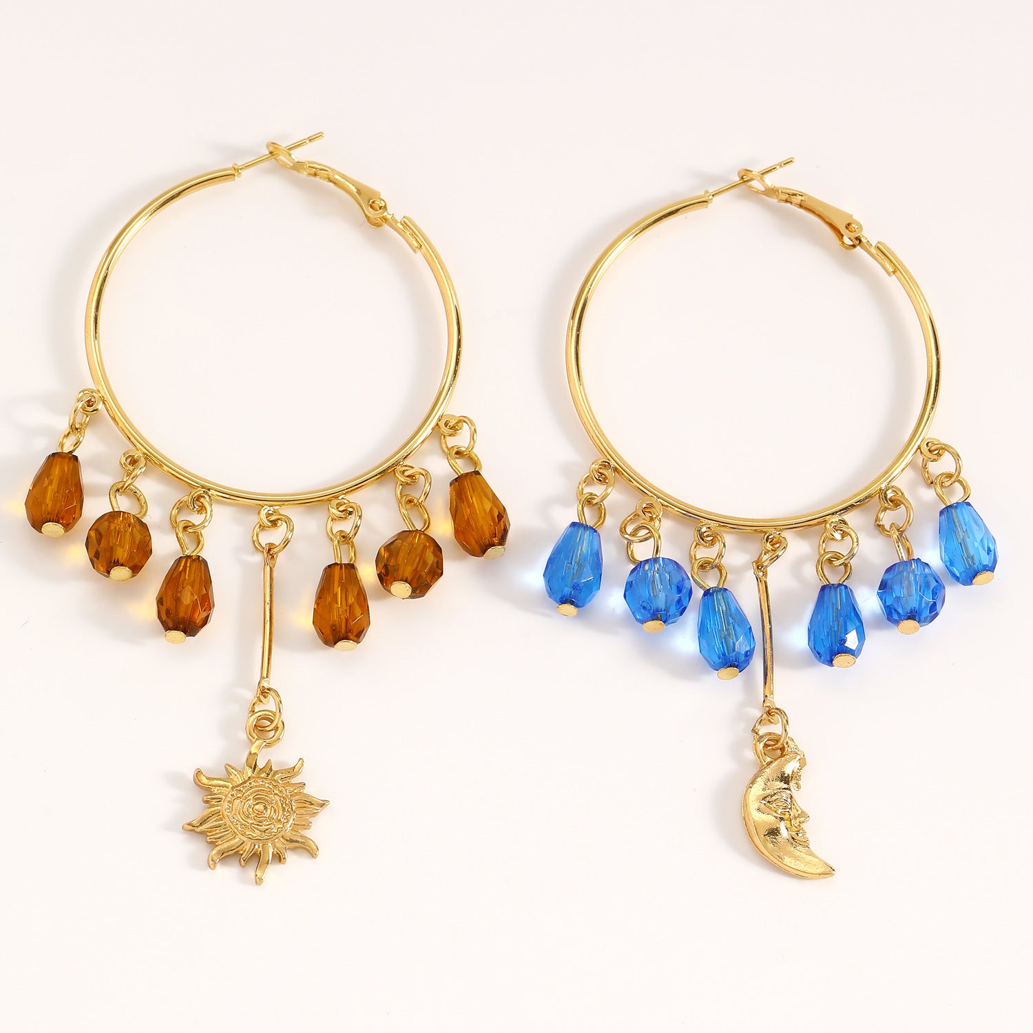 Wholesale Gold Plated Hoop Earrings Teardrop Crystal Tassel Sun Moon Design Ethnic Style Jewelry For Women