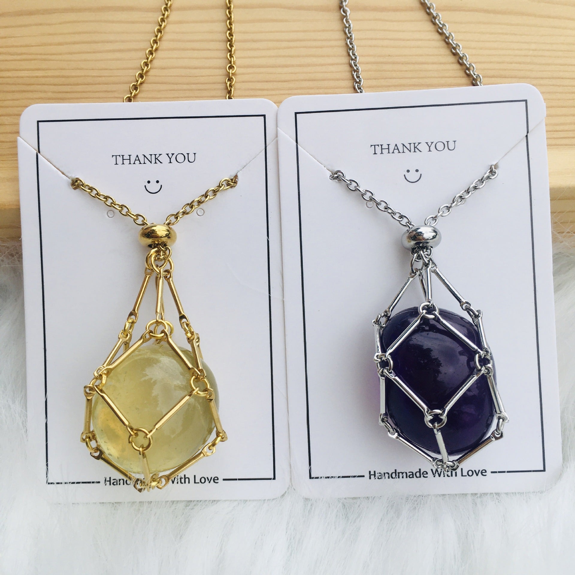 Wholesale Natural Crystal Net Bag Metal Bamboo Necklace Braided Pendant Crystal Mesh Bag ACC-NE-RongGuan009