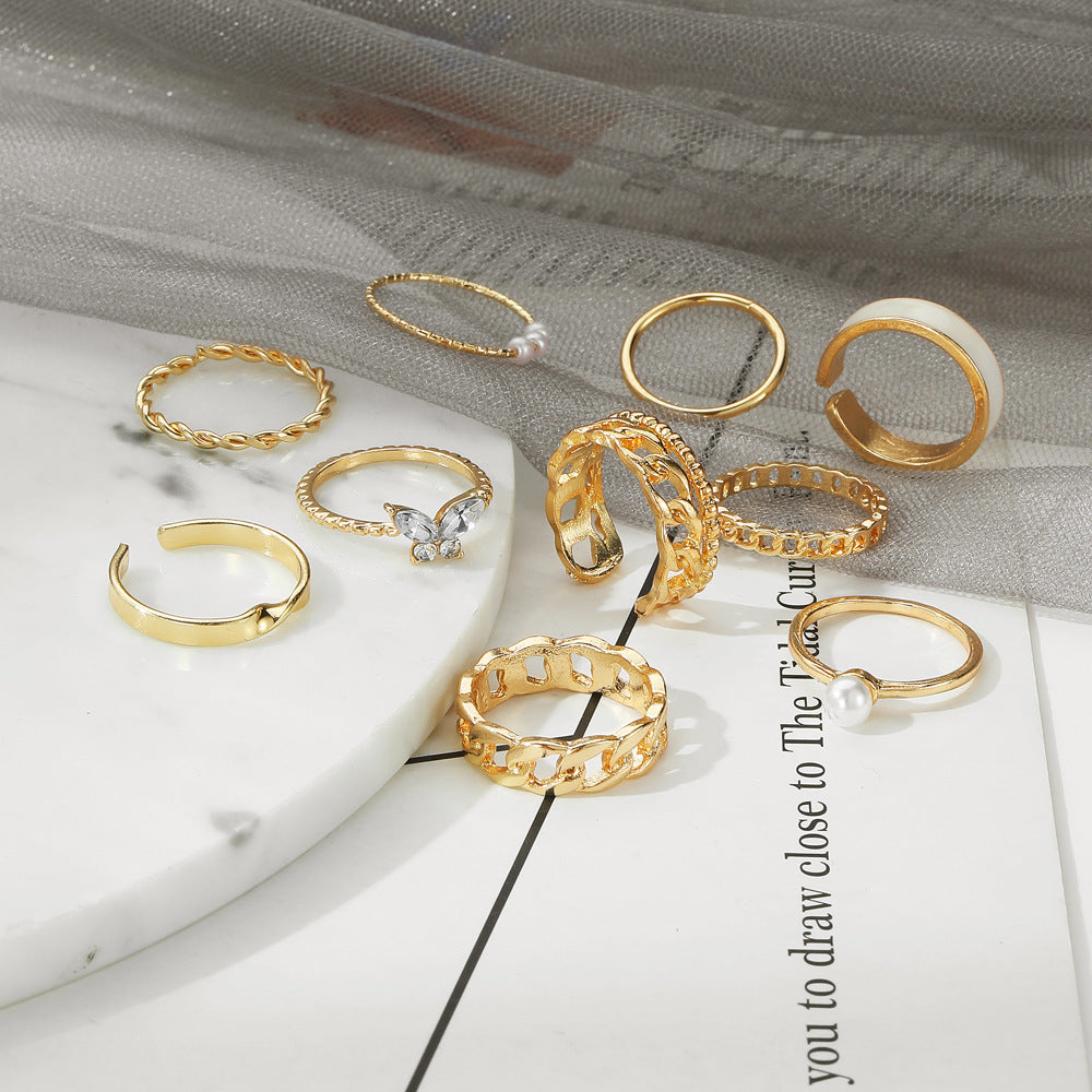 Wholesale 10pcs/set Vintage Style Pearl Embedded Chain Link Ring Set
