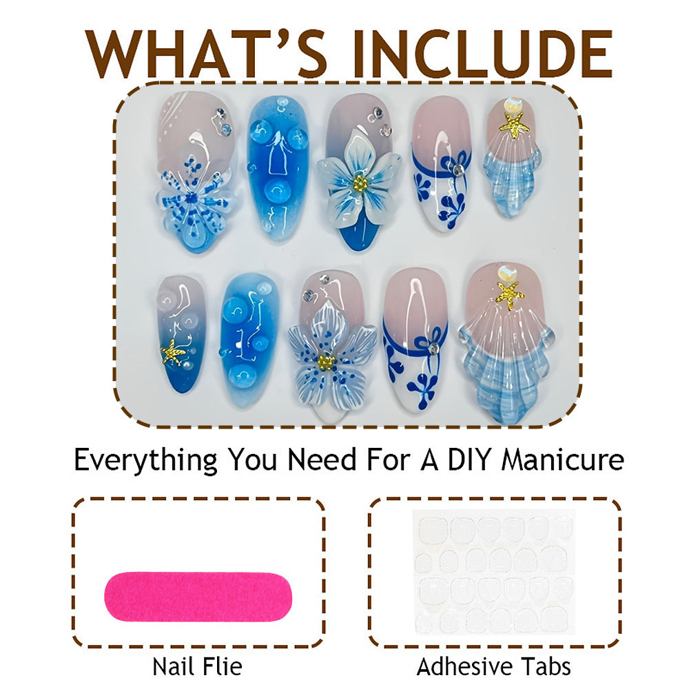 Wholesale 30Pcs Sweet Mermaid Beach Press On Nails With 3D Pearls Starfish Shells Almond Shaped DIY Manicure Set For Women