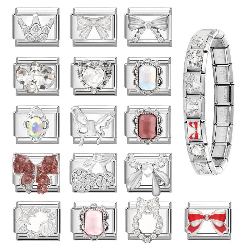 Wholesale Heart Bow Crystal Cherry Stainless Steel DIY Bracelet Charms Jewelry Accessory for Resale