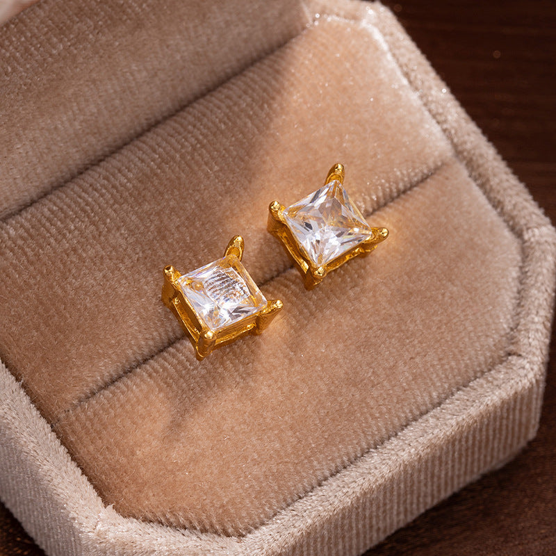 Wholesale Square diamond zircon earrings four-claw round diamond