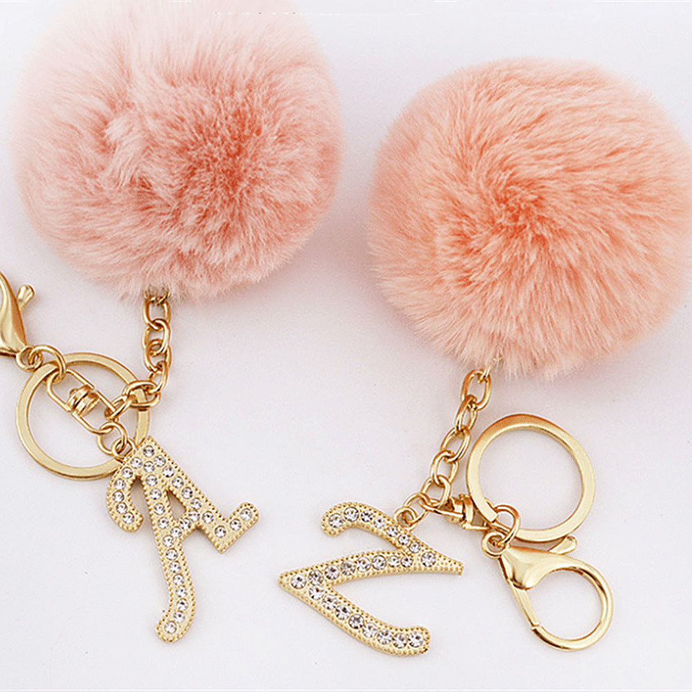 Wholesale Fur Ball Rhinestone Alloy Letter Keychain ACC-KC-YuanFei005