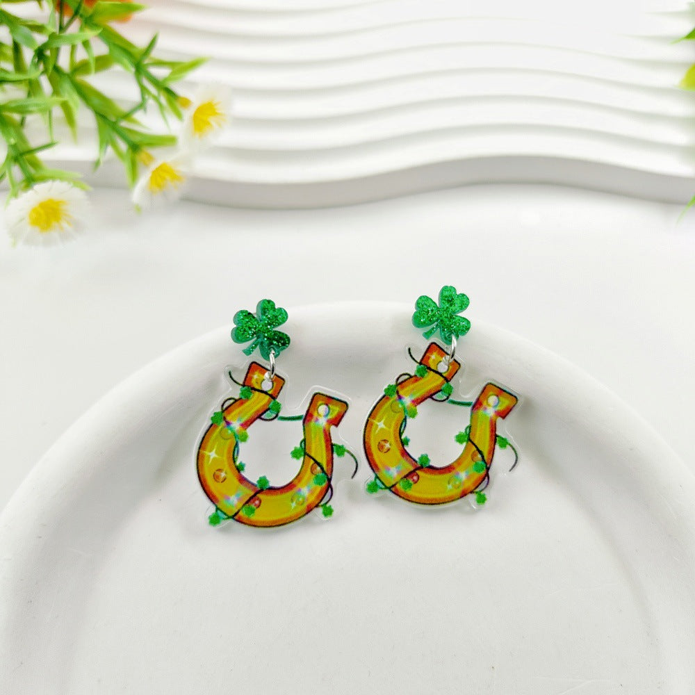 Wholesale 10pcs St. Patrick's Day Acrylic Glitter Green Hat Clover Earrings