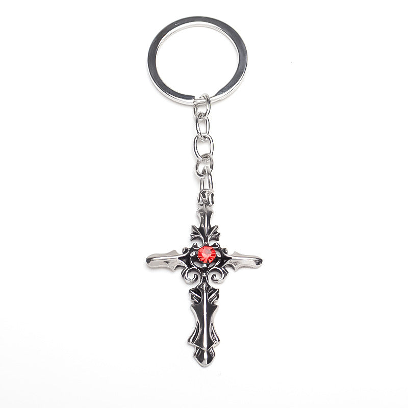 Wholesale Punk Alloy Diamond Cross Keychain Silver Plated Decorative Key Ring Fashion Accessory For Gift