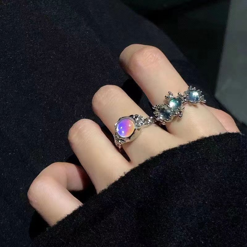 Wholesale Alloy Plated Irregular Open Ring With Zircon And Cat S Eye Moonstone Geometric Design Chic Jewelry Accessory For Women