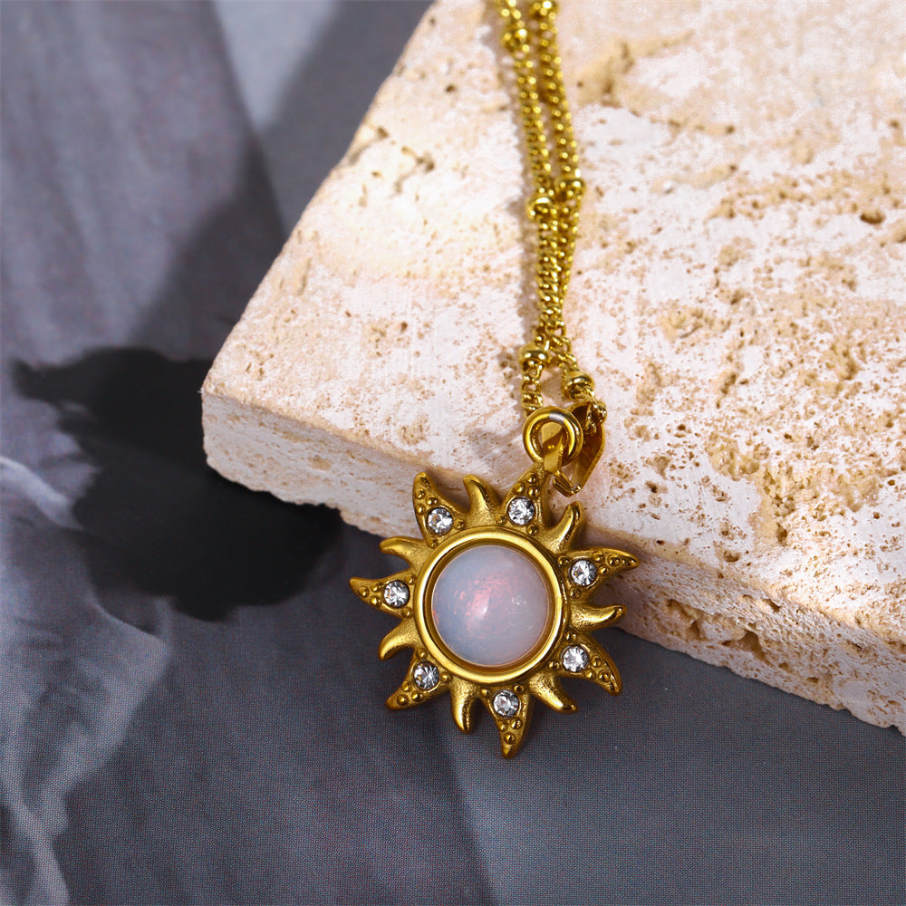 Wholesale Natural Opal Sun Pendant Necklace Vintage Clavicle Chain Stainless Steel ACC-NE-HS021