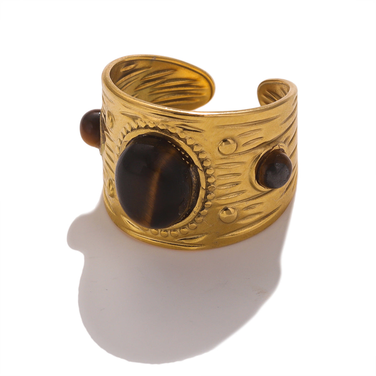 Wholesale Stainless Steel Natural Stone Ring for Women,  Geometric Design with Tiger Eye,  Trendy Jewelry Accessory for Everyday Wear