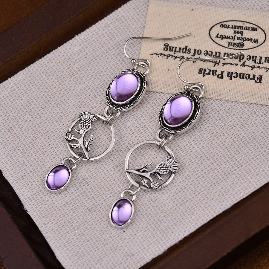 Wholesale European and American Fashion Noble and Mysterious Purple Gemstone Pendant Geometric Branch Circle Earrings Elegant Vintage Earrings