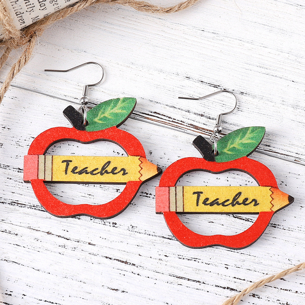 Wholesale pencil apple teacher double sided wooden earrings