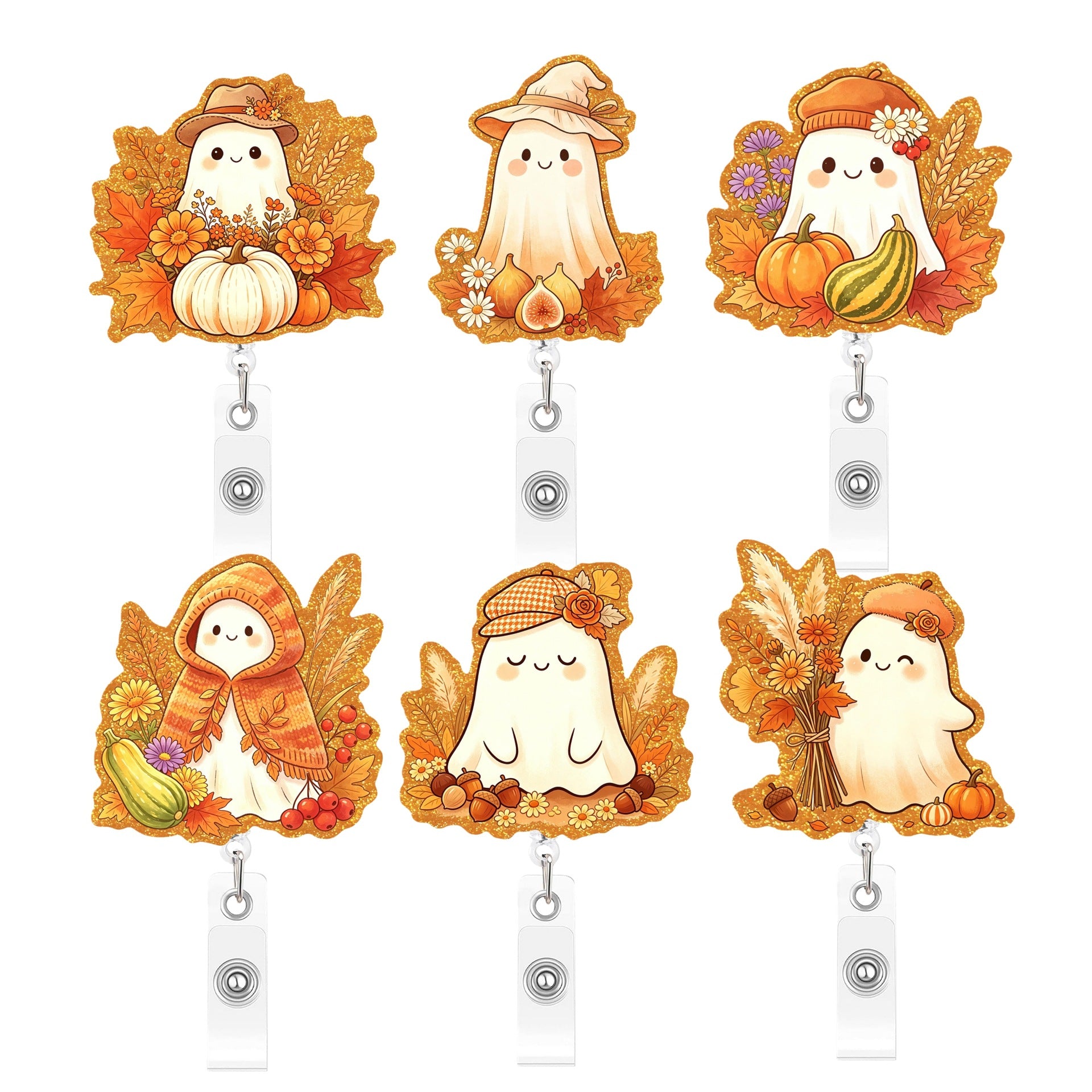 Wholesale Acrylic Gold Glitter BOO Thanksgiving Retractable Badge Reel Autumn Pumpkin Maple Leaf Design Fashion Accessory