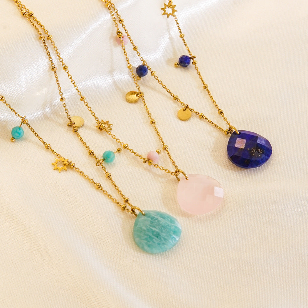 Wholesale  Light Luxury Water Drops  Crystal Lapis Lazuli Stainless steel Necklace