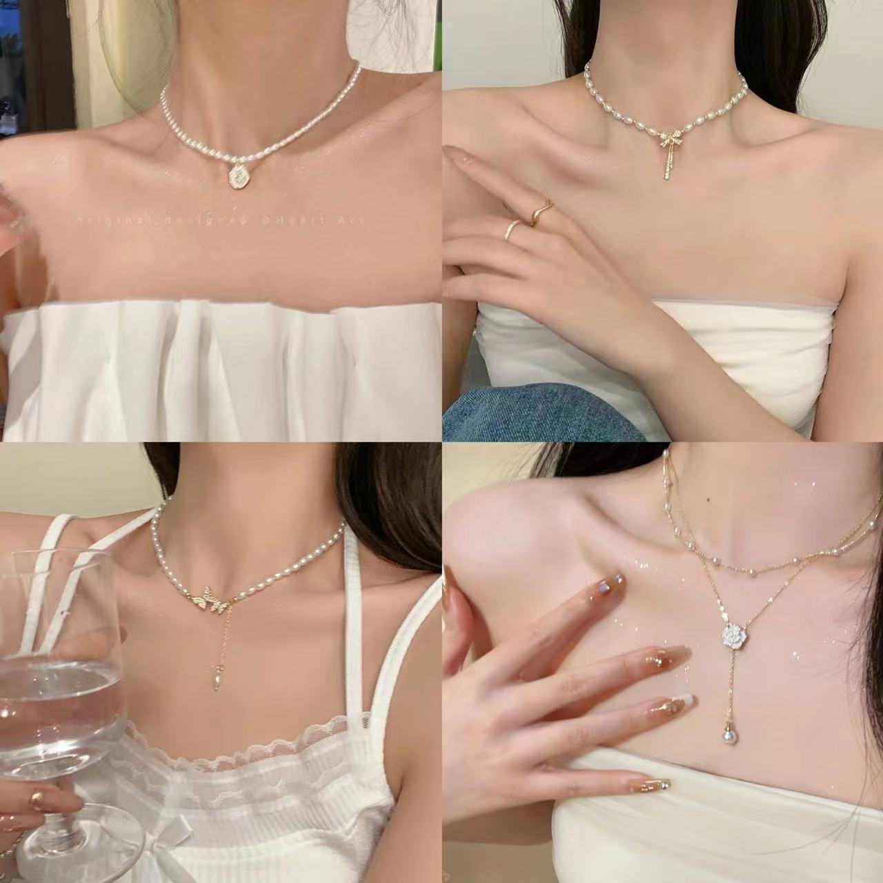 Wholesale Bowknot Pearl Necklace With Full Rhinestones Light Luxury Women S Collarbone Necklace Chic Fashion Accessory Gift