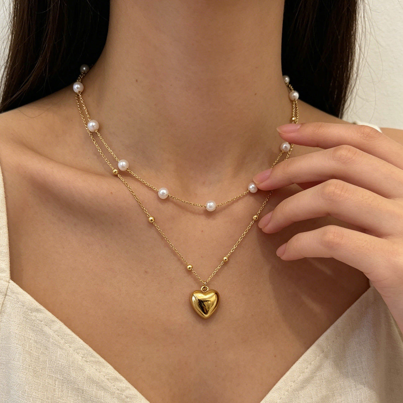Wholesale Alloy Multi-Layer Pearl Necklace Heart Pendant Gold Color Fashion Layering Jewelry for Women Party Gift