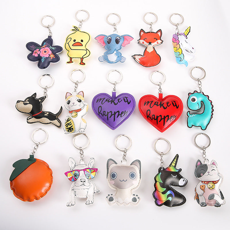 Wholesale Chic Artificial Leather Animal Keychains Cute Cat Dog Dinosaur Lucky Cat Fruit Pendants Decorative Gift Car Key Accessory