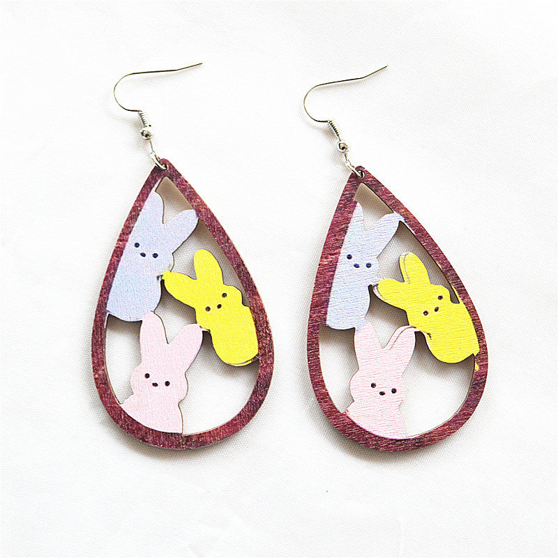 Wholesale Easter Painted Leopard Print Water Drop Hollow Wooden Earrings