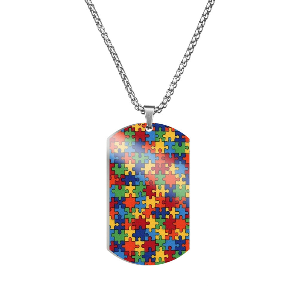 Wholesale Autism Puzzle Color Printed Pendant Stainless Steel Necklace ACC-NE-HuanYu001